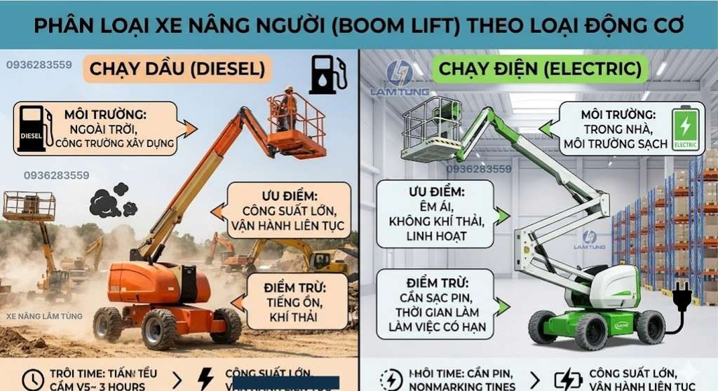 phân loại xe nâng người boom lift theo động cơ