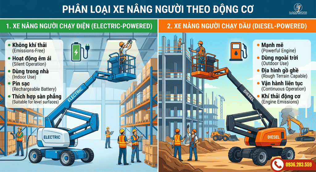 phân loại xe nâng người theo động cơ