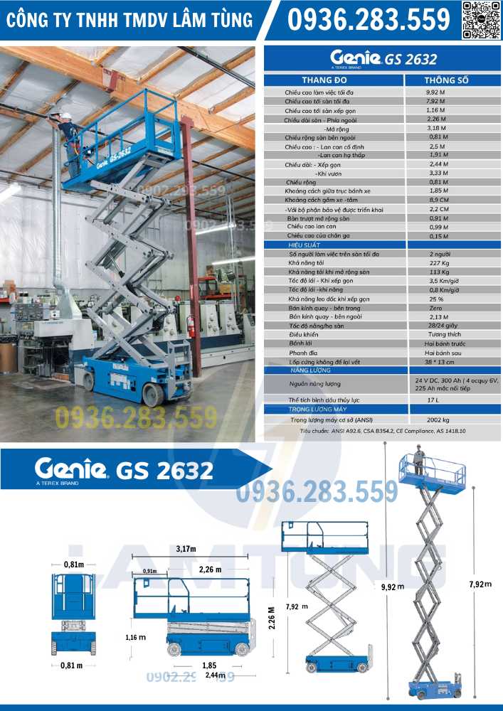 Bảng thông số xe nâng người 10m genie 2632